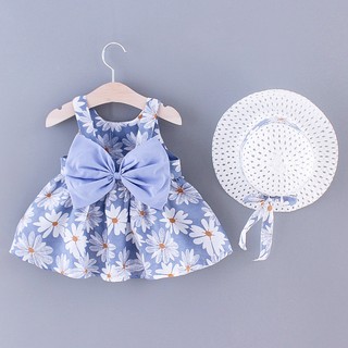 [Value Choice] Daisy Floral Pattern Sleeveless Mini Dress Set Chapéu Para Meninas