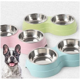 Comedouro Suporte Duplo Redondo Plástico Com 2 Pratinhos Potes Inox Para Pet Cachorro Gato