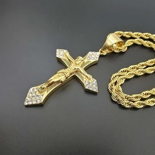 Moda Masculina Aço Titânio Ouro Diamante Jesus Cross Pendant Colar Jóias Católicas