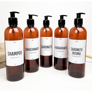 Frasco Ambar Plastico Kit Banheiro 5 Peças Shampoo Condicionador Sabonete Refil 500ml