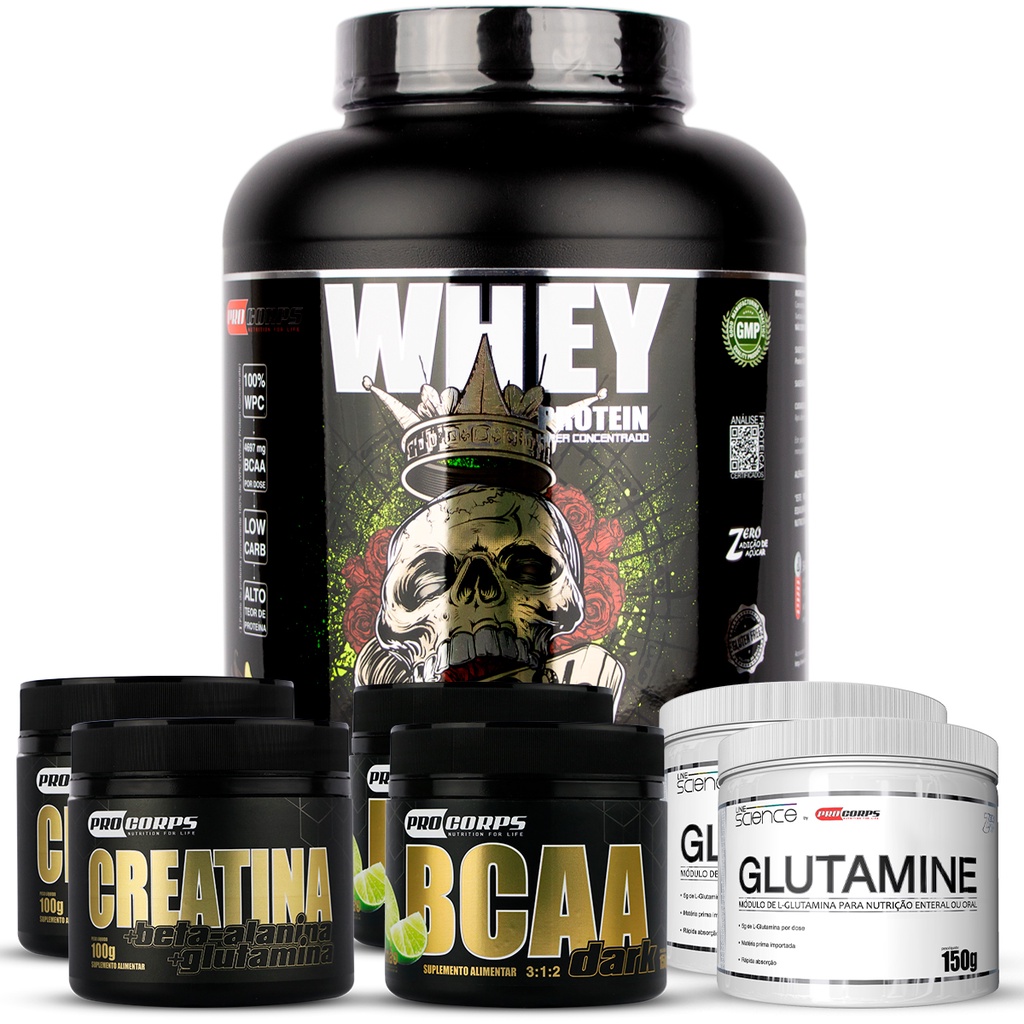 Whey 100% 2kg Pro Corps+ 2 Creatina+2 Bcaa+ 2 Glutamina