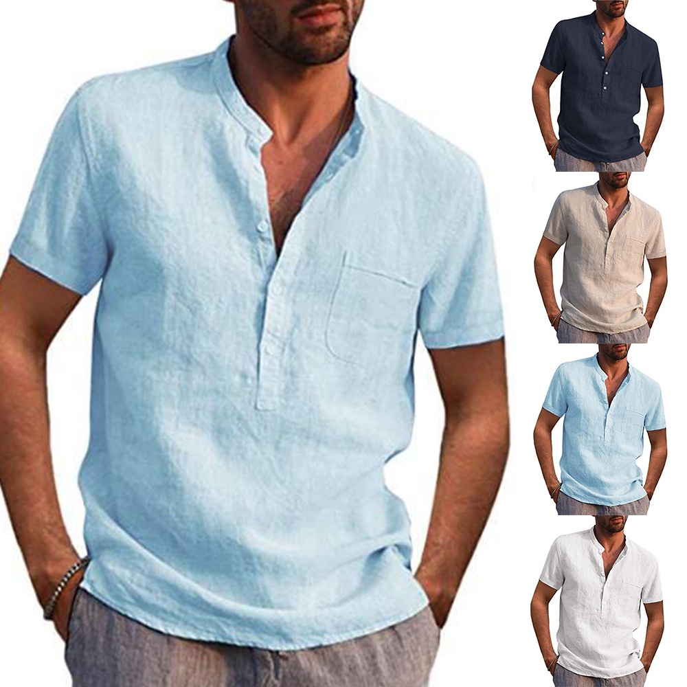 Camisa De Linho De Praia Casual De Pescoço Em V Masculina | Shopee Brasil