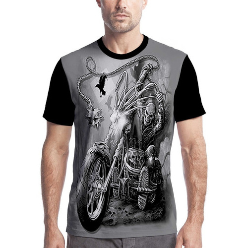 Camiseta Camisa Personalizada Caveira Motoqueira Roqueiro Hd