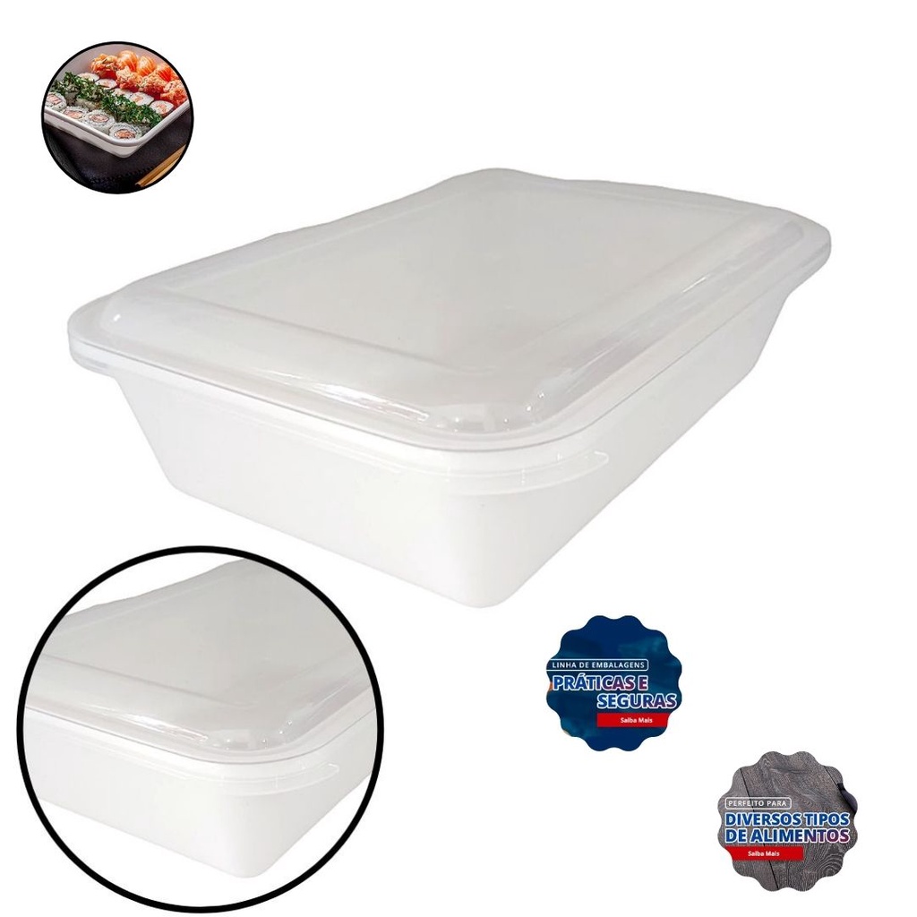 Pote Plástico 850ml Branco c/ tampa c/10un Reflet Delivery Marmita Reutilizável, delivery, freezer, micro-ondas fitness