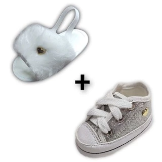 Lançamento KIT Tênis Glitter + Chinelo Pelúcia Várias Cores para bebês menina baby