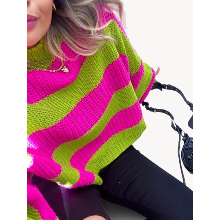 Blusa Tricot Cropped Manga Larga Listrada Colorida Arco Iris