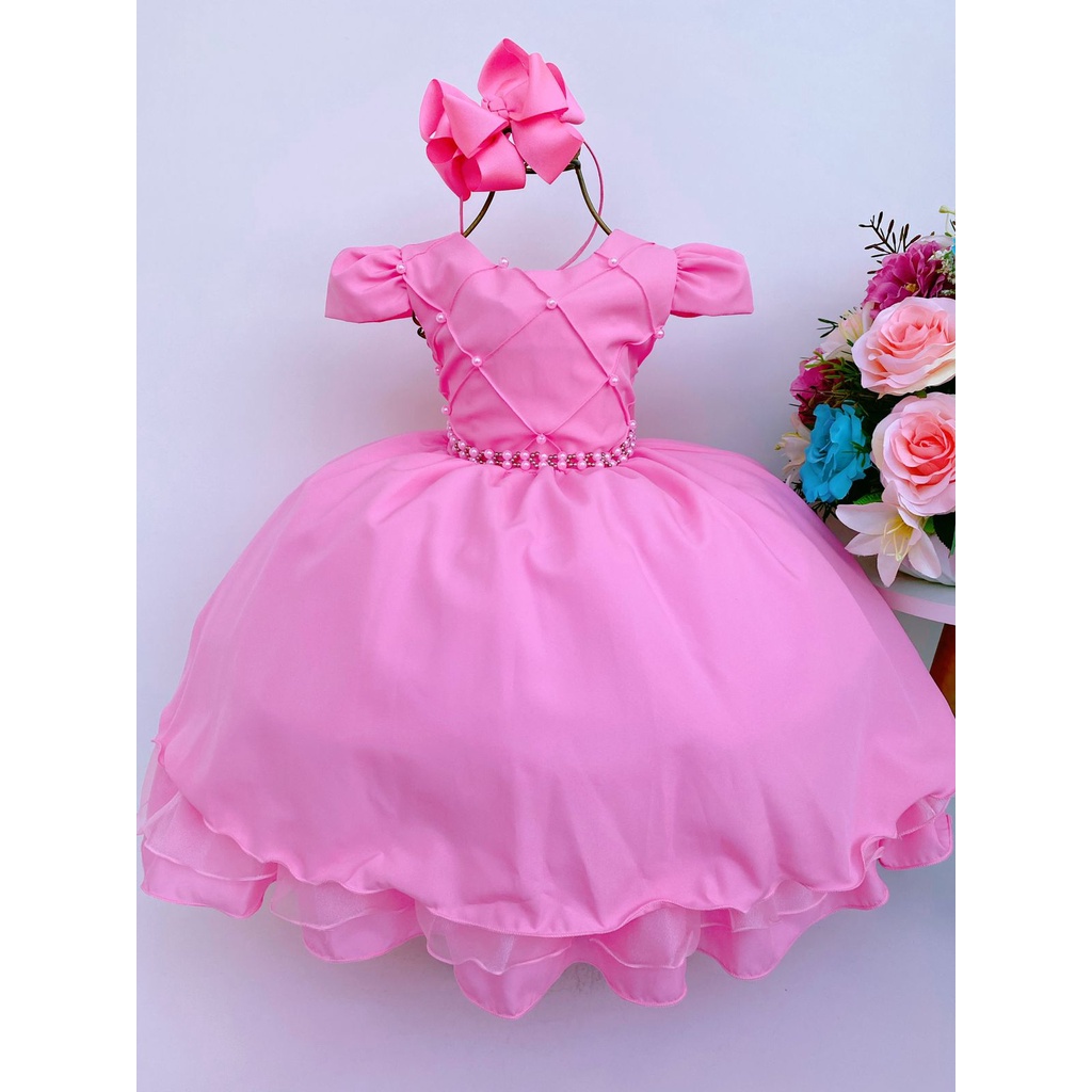 Vestido Infantil Princesa Rosa Festa Luxo