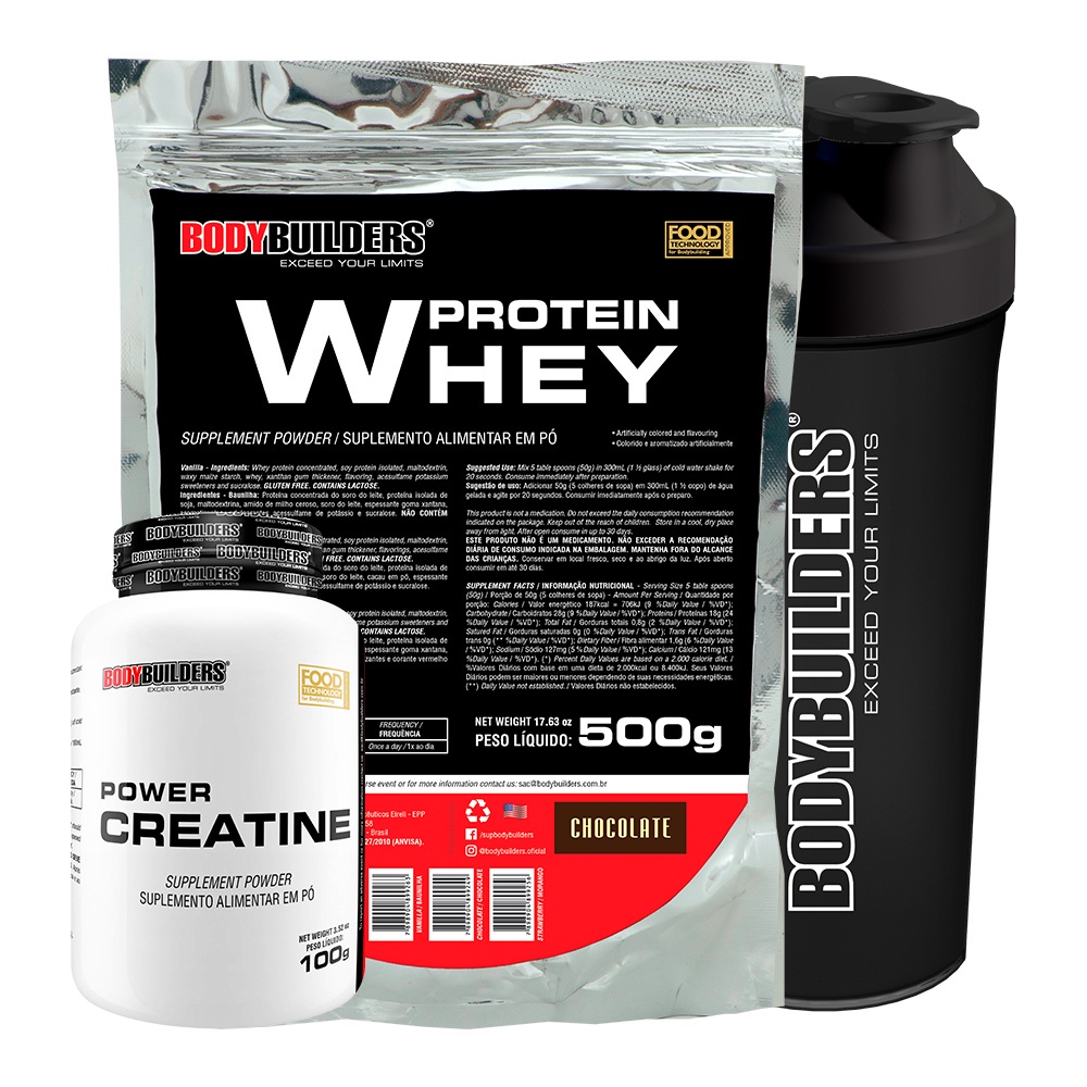 Kit Whey Protein Concentrado em Blend Proteico 500g Refil + Power Creatina 100g + Coqueteleira – Bodybuilders Kit para Definição e Performance