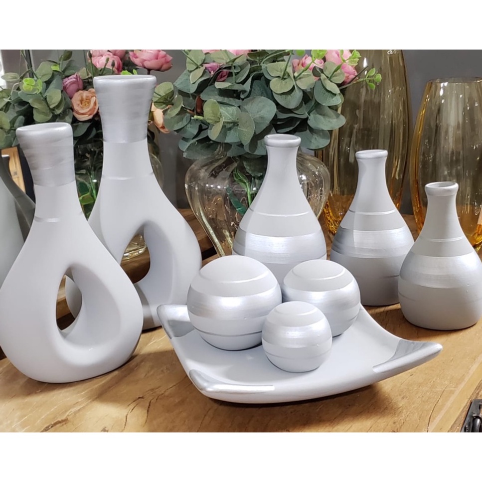 Conjunto 9 Peças Jogo cerâmica Kit Trio vasos decorados ceramica