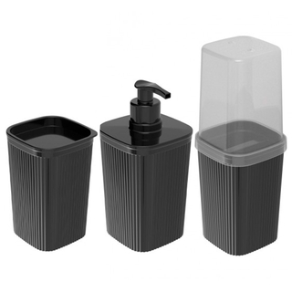 Kit Banheiro Preto Classic com Frisos com Porta Escova de Dente Porta Sabonete Liquido e Porta Cotonete Plasutil