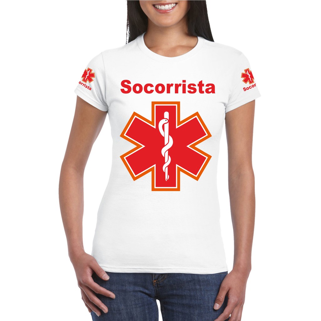 Camiseta socorrista baby look feminina na cor branca ,estampada.