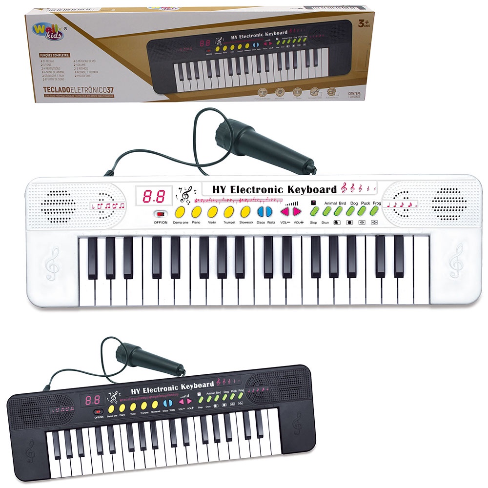 Teclado Piano Musical Infantil Eletrônico 37 Teclas com Microfone (Preto)