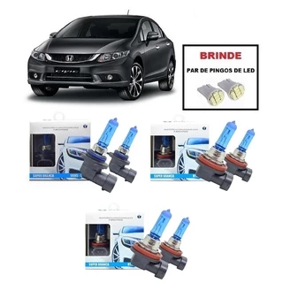 Kit 6 Lampadas Super Brancas para Farol Alto / Baixo e Milha Modelo HB3 H11 e H11 com 8500 Kelvins para Honda New Civic ano 2015 2016 2017 2018 2019 2020