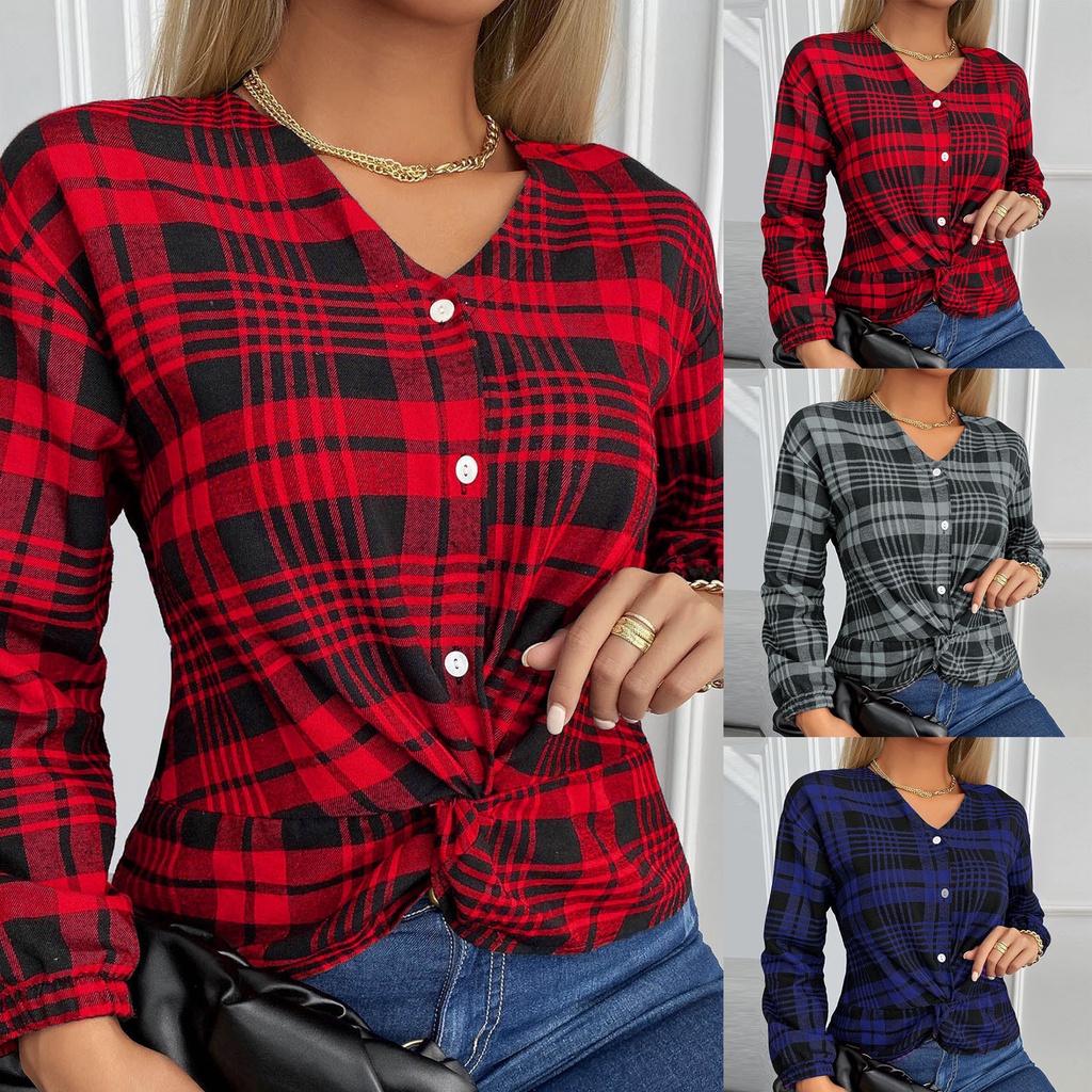 Camisa Xadrez Feminina Casual Ingles Manga Longa Vermelha