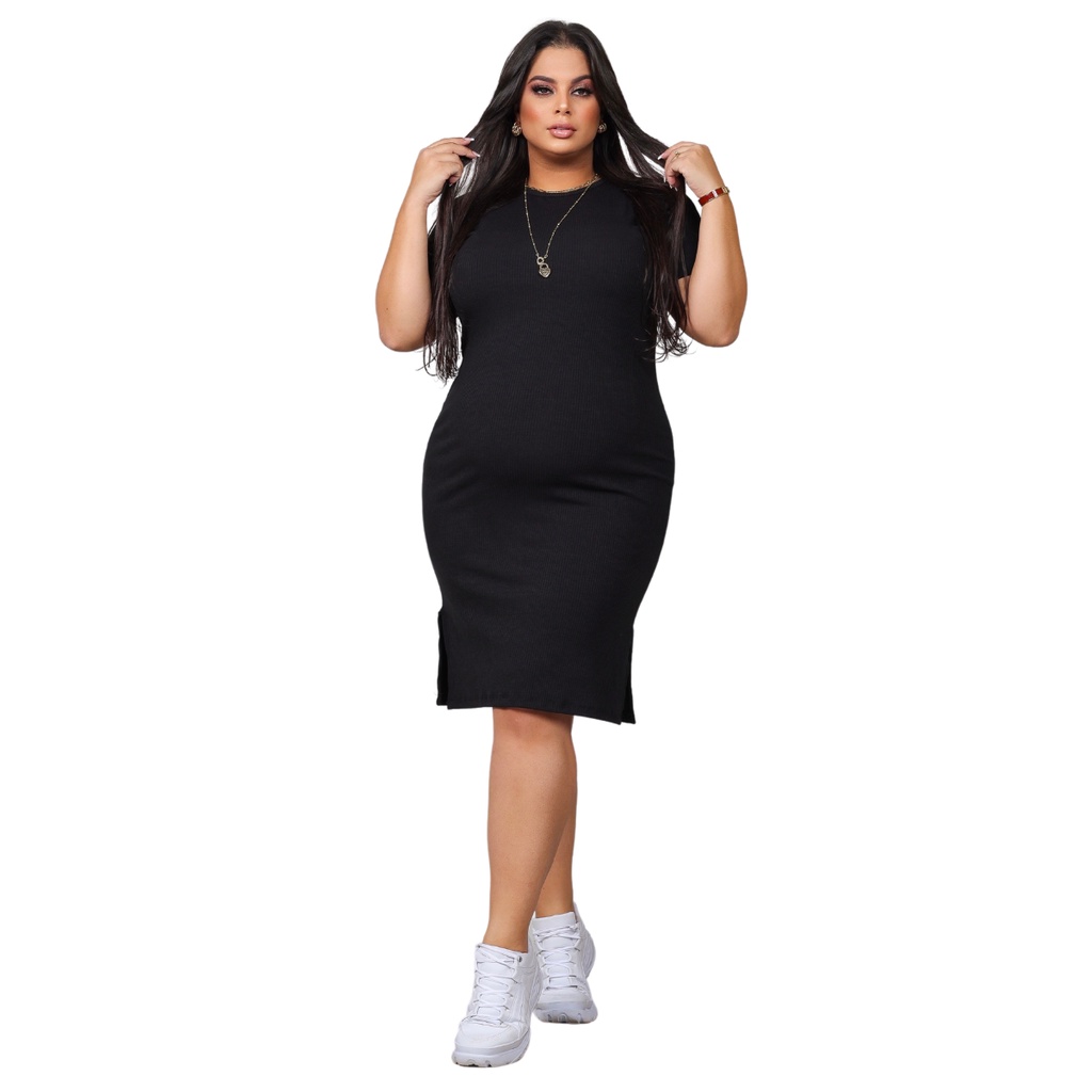 Vestido Feminino Plus Size Gordinha Malha Canelado Básico Manguinha