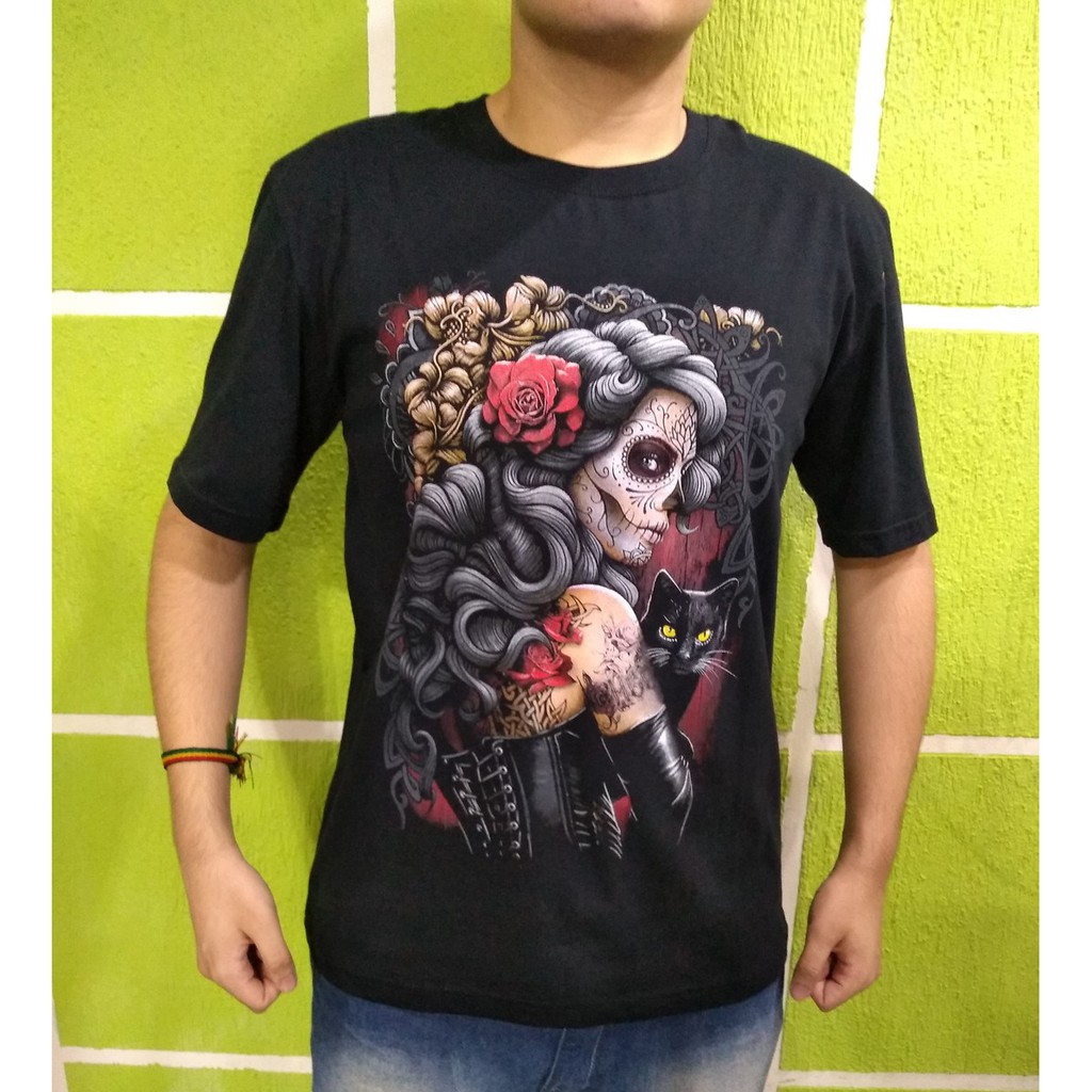 Camiseta Preta Masculina Caveira Mexicana Catrina Diamante