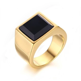 Anel Masculino De Aço Inoxidável Quadrado Com Pedra Preta Masculino
