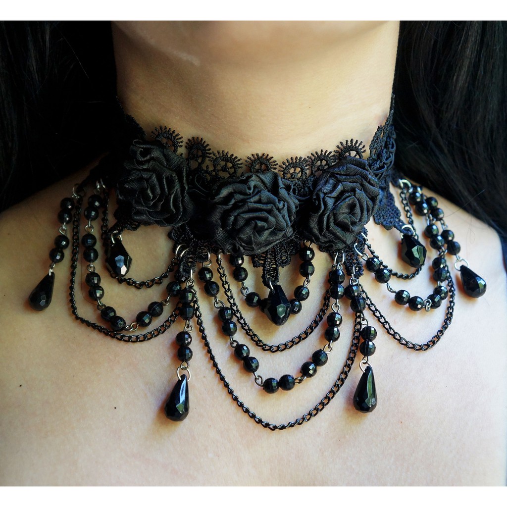 Gargantilha de renda rosas pretas e correntes | Shopee Brasil