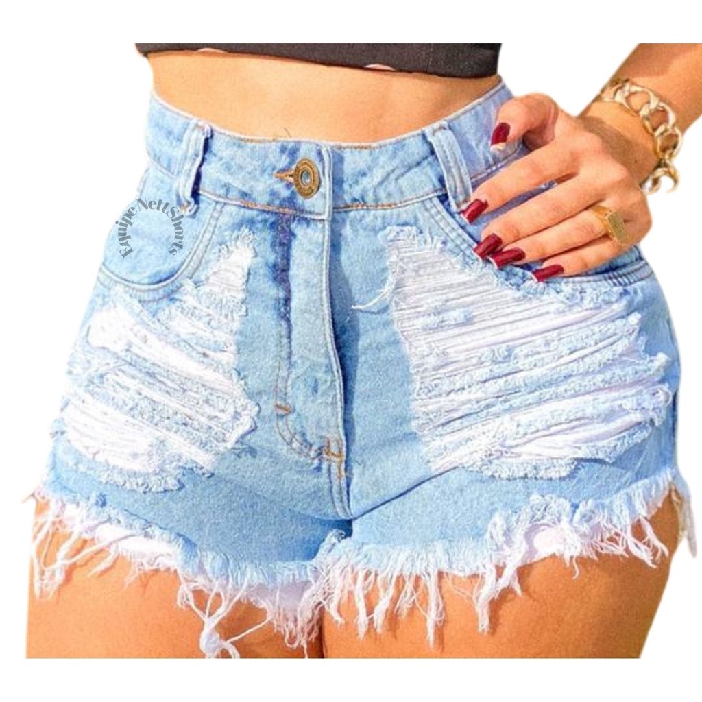 Short Jeans Feminino Destroyed Com Cordão E Cintura Elástica