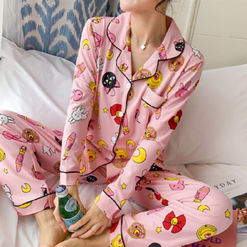 Moda Bonito Pijamas Anime Sailor Moon Manga Comprida De Algodão Rosa Pijama Mujer Feminino Nightsuit Define Para As Mulheres