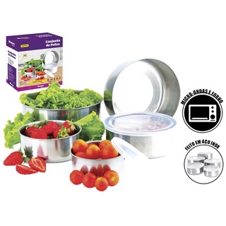 Conjunto Jogo De Potes Aço Inox Com Tampa Flexivel 5Pçs