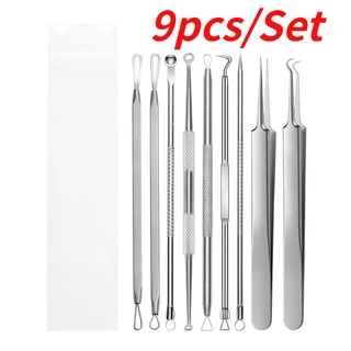 9pçs/Conjunto Kit De Espinhas De Aço Inoxidável Remoção De Cravos Limpador Facial Ferramenta De Extrato De Limpeza Cuidados Com A Pele
