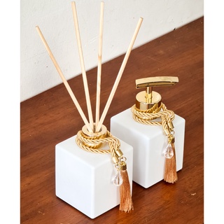 Kit Banheiro Aromatizador Sabonete Líquido Lavabo Cubo Branco Luxo