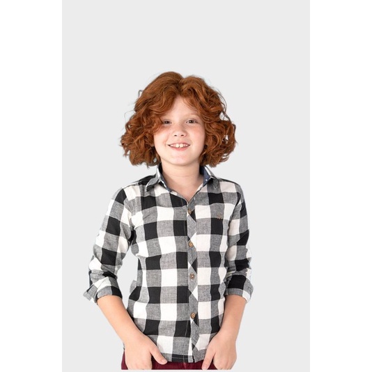 Camisa Infantil Manga Longa Flanela Xadrez Branca e Preta - EcaMeleca