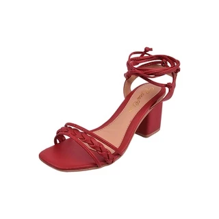 Sandália Salto Alto Grosso Bloco Bico Quadrado Gladiadora Moda Primavera Verão Tirinha Trancinha Amarração Vermelho 42014080