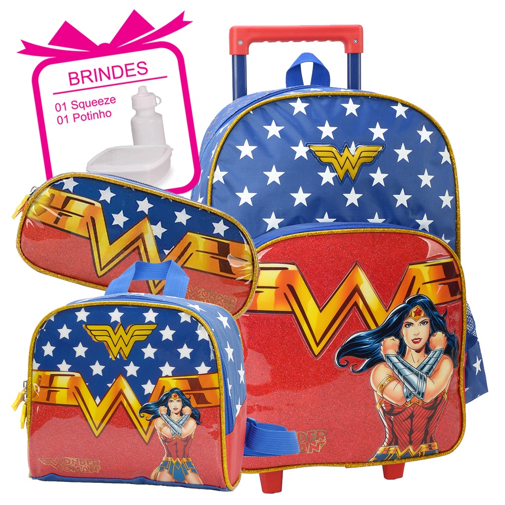 Mochila de rodinhas da mulher maravilha com lancheira infantil escolar ...
