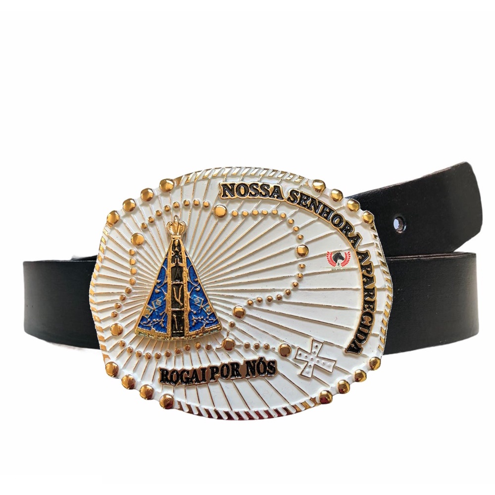 Cinto Cowboy de Couro Legítimo com Fivela Country Nossa Senhora Aparecida Unissex SC60