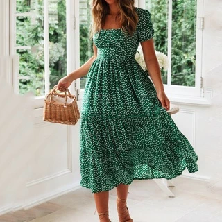 Vestidos Vintage Print Puff Sleeve Verão Praia Doces De Casual Gola Quadrada floral maxi Vestido Longo festa