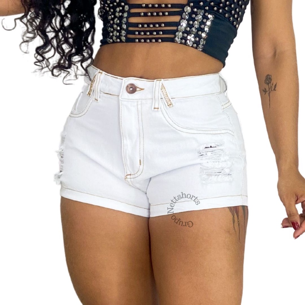 Short Jeans Off white Feminino Cintura Alta Destroyed