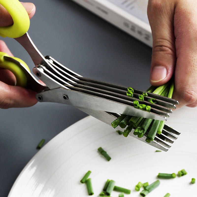 Tesoura De Corte Multicamadas De Escalão De Aço Inoxidável De 5 Lâminas Ervas Multiuso Gadget De Cozinha
