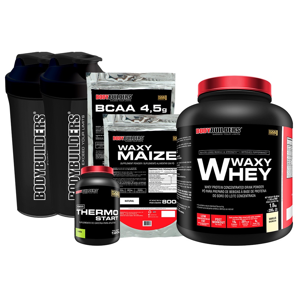 Kit Whey Protein Waxy Whey Pote 2kg + Thermo Start 120g + Waxy Maize Natural 800g + BCAA 4.5 1kg + 2x Coqueteleiras – Kit Para Potencialização no Treino de Musculação na Academia – BodyBuilders