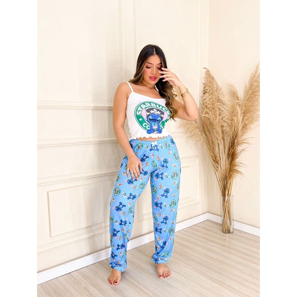 Pijama feminino calça e blusa semi Cropped Shopee Brasil