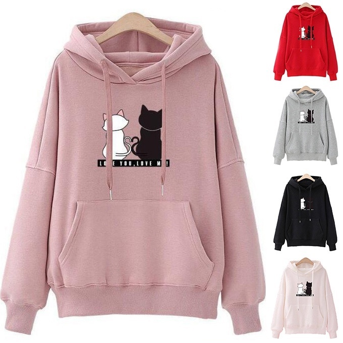 Moletom Feminino Folgado Com Capuz Estampa De Gato Para Outono/Inverno