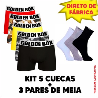 Kit 5 Cuecas +3 Pares De Meias Masculina Boxer Microfibra Com Forro Adulto Elástico Golden Box Personalizado
