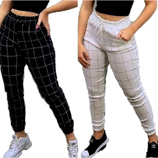 Calça Jogger Malha Feminina Estampa Xadrez - lojasbesni