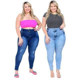 kit 2 calças femininas plus size jeans cintura alta com lycra envio rápido
