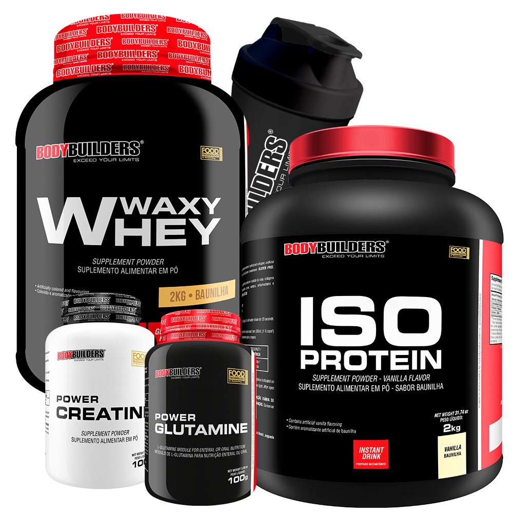 Kit Whey Protein Waxy Whey Pote 2kg + Suplemento de Proteína Isolada Iso Protein 2kg + Power Creatina 100g + Power Glutamina 100g + Coqueteleira – Kit Para Ganho Muscular e Desempenho do Exercício – Bodybuilders