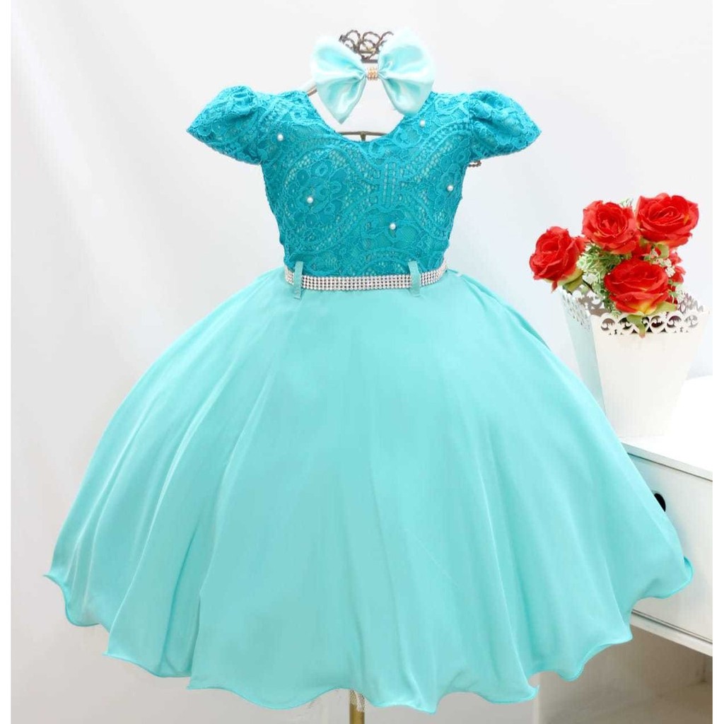 Vestido Luxo Azul Tifany Dama Daminha 4 A 16 + Tiara Luxo