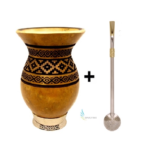 Kit Cuia Para Chimarrão Taça Gravada a Laser (Tamanho Grande) + Bomba Para Chimarrão Bojo Redondo