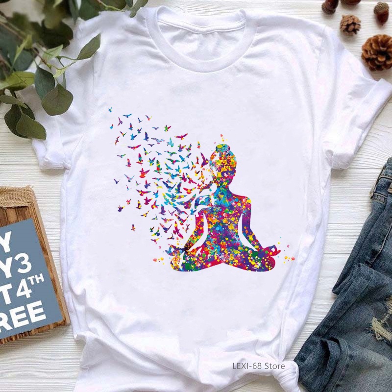 Aquarela Respire Símbolos Chakra Yoga Impressão Camiseta Feminina Pássaro  Om Aum Jade Buddha Meditação Tie Die T-Shirt