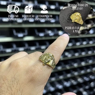 Anel Masculino de Ouro Faraó C/ Olhos De Pedras Brilhantes Banhado a Ouro 24k Dedeira Cravejada Egicia em Oferta na Shopee