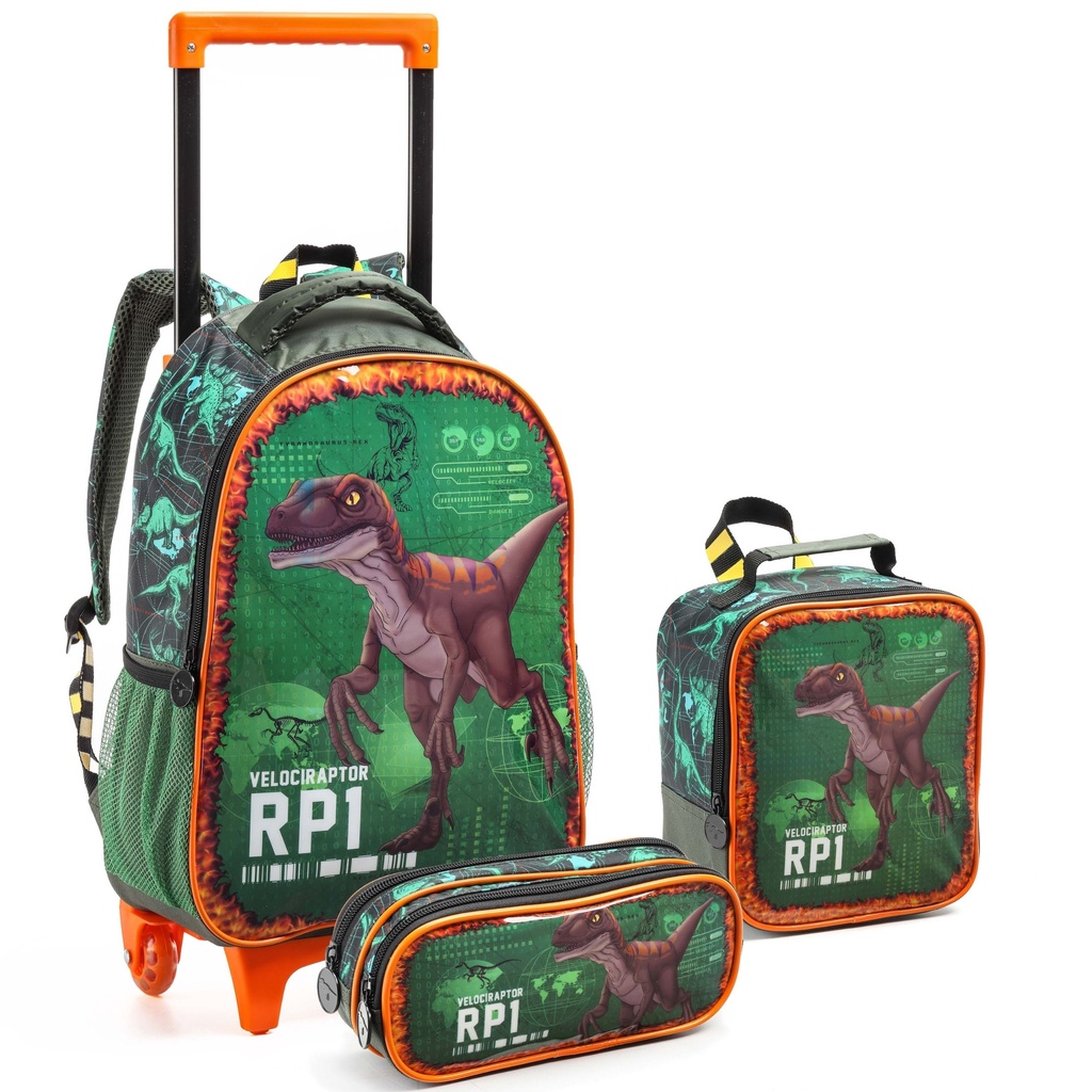 Mochila de Rodinha Infantil Masculina Dinossauro com Lancheira Estojo