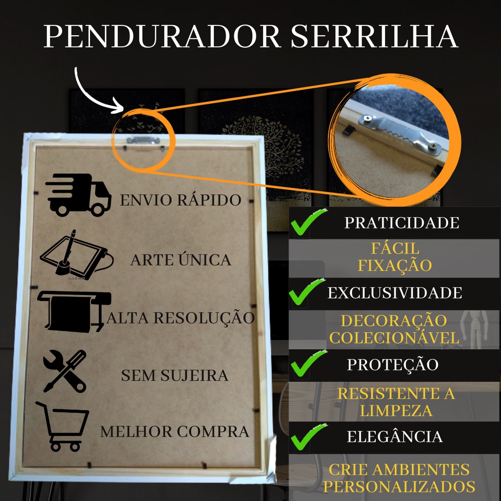 Quadros Decorativo Moderno Linha Gold com Moldura e rápida fixação