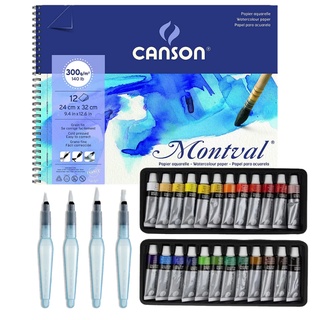 Kit Pintura Aquarela Profissional 3 itens (Bloco Aquarela A4 + Aquarela 24 cores + 5 Pincéis)