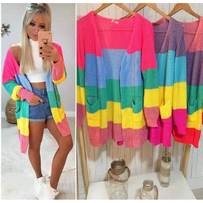 Kimono Cardigan Casaco Trico Tricot Listrado Colorido Rainbow