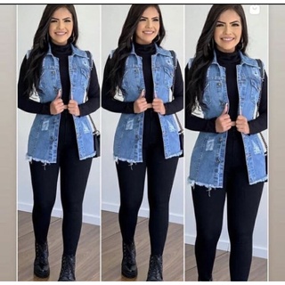 Max Colete Jeans Feminino Longo Com 2 Bolso Super Lindo Azul 1